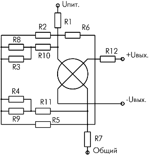 Схема коррекции датчиков давления серии MPX2000 фирмы Motorola, включающая семь подстраиваемых лазером резисторов и два терморезистора.
