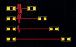 Автоматическое изменение формы проводника с контролируемой длиной при перемещении конденсатора в пакете PADS PowerPCB.