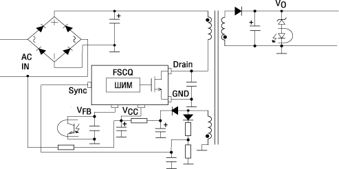 Источник питания на <a href='http://www.chipinfo.ru/dsheets/ic/'><a href='http://www.chipinfo.ru/dsheets/ic/'>микросхеме</a></a> серии FSCQxx65R Источник питания на микросхеме серии FSCQxx65R