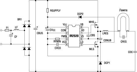 Схема ЭПРА компактной лампы на основе IR2520D 