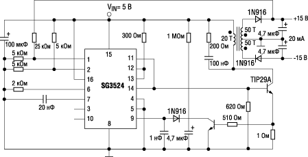 Типовая схема включения SG3524 в составе обратноходового преобразователя 
