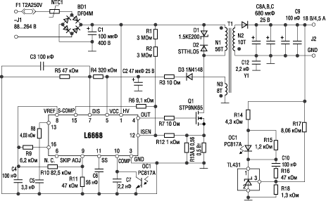 Типовая схема включения L6668 в составе обратноходового AC/DC-преобразователя 