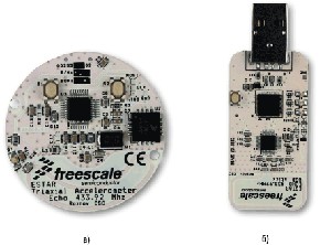 Внешний вид модулей ESTAR Reference Design: а) плата радио-брелка с датчиком ускорения /3-D беспроводной мышки, б) плата радиоприемного модуля с USB-интерфейсом 