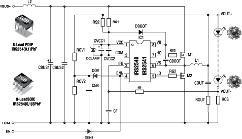 Рекомендуемая схема включения светодиодных драйверов IRS2541 с двумя MOSFET на выходе