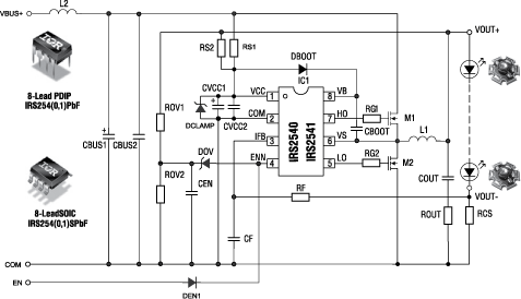 Рекомендуемая схема включения светодиодных драйверов IRS2541 с двумя MOSFET на выходе Рекомендуемая схема включения светодиодных драйверов IRS2541 с двумя MOSFET на выходе