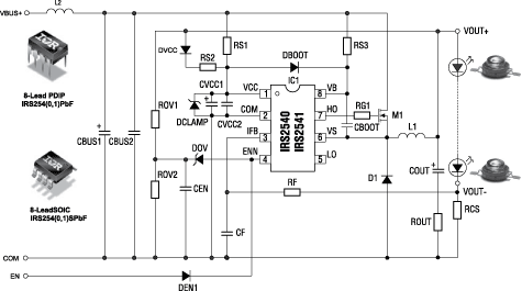 Рекомендуемая схема включения драйверов светодиодов IRS2541 с одним MOSFET Рекомендуемая схема включения драйверов светодиодов IRS2541 с одним MOSFET