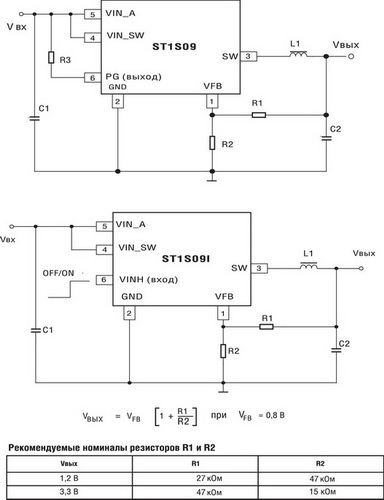 Отличия схем включения ST1S09 (без входа отключения) и ST1S09I (с входом отключения)