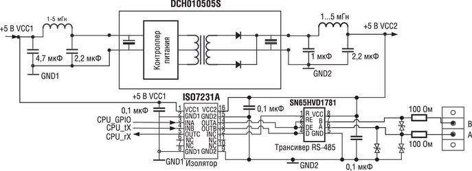 Типовая схема интерфейса RS-485 с использованием ISO7231A