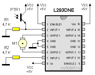 Схема простого робота на микросхеме L293DNE